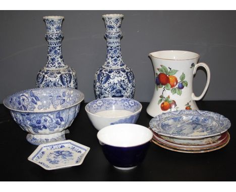 A pair of large 18th century style Delft baluster blue and white vases and a mixed variety of ceramics including Jasperwares 