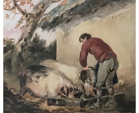 George Morland (1768-1804)A farmer pouring swill into a stone trough with two pigs feedingWatercolour, signed G Morland pinxt