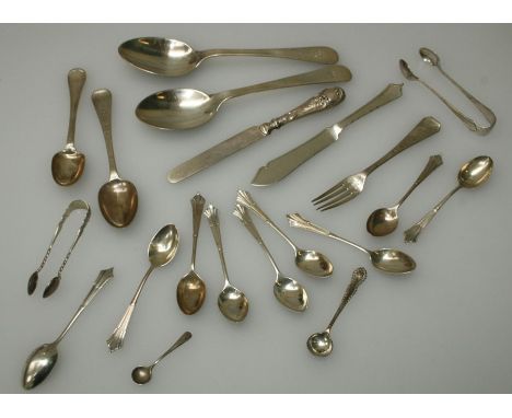 Dibdin and Co Ltd, a pair of silver table spoons, London 1932, nine silver coffee spoons, a silver Christening spoon and fork