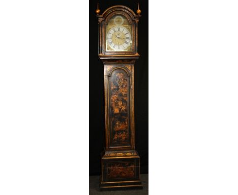 A black japanned longcase clock having a two train eight day movement striking on bell and arched dial inscribed ''Fab Robins