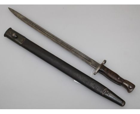 A British 1907 pattern Anderson bayonet, with period stitched scabbard, blade length 42.5cm