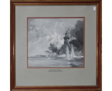 Norman Wilkinson (British 1878 - 1971)The swan song of a Raider, monochrome watercolour and gouache. Signed lower left. 38 x 