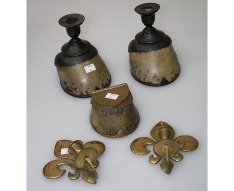 A pair of Edwardian bronze mounted horse hooves in the form of candlesticks, each inscribed and dated 1905, with damage, heig