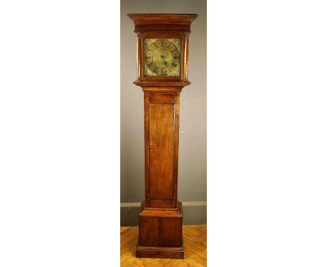 James Gollop, Dorchester, a mid 18th century brass 10 inch Longcase clock movement and dial, thirty hour gong in a 19th centu