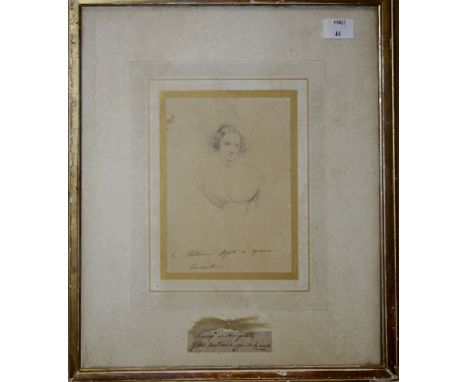 Mid 19th century French SchoolA half length portrait of Horteuse Wyatt, aged 17, marked in ink in French below the mount, hav