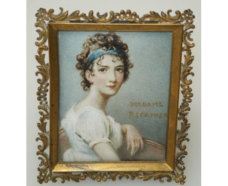 After Jacques-Louis David, a quarter length portrait miniature of Madame Recamier. 9 x 7.5cm in pierced gilt metal easel fram
