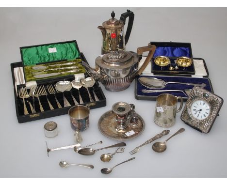 A silver mounted watch case together with various EPNS, to include tea and hot water pot, cased salts, Christening set, fish 