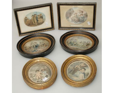 After T Storthard, a 19th century coloured engraving ' Playing at Promenade', 16 x 22cm, together with five other late 18th/1