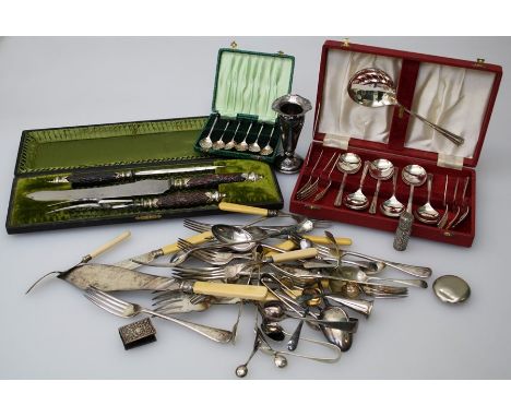 A late Victorian cased antler handled set of carving tools, a cased set of EPNS coffee spoons with bean terminals, a silver p
