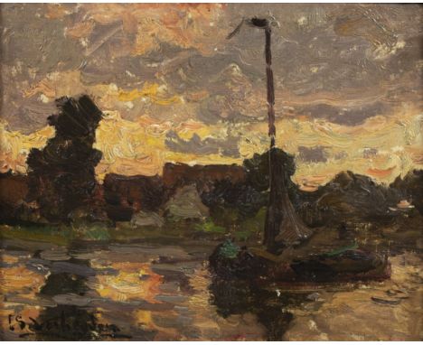 Isidore VERHEYDEN (1846-1905)Oil on canvas Boat in the evening light, signed.Olie op doek Boot in het avondlicht, gesigneerd.