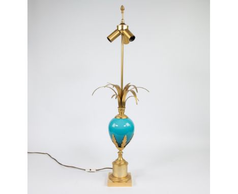 Very elegant table lamp from the Belgian brand Boulanger, 1970'sDecor Ostrich egg in blue opaline and palm tree, golden metal