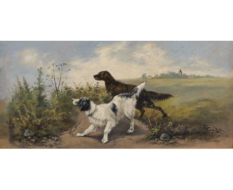 19th century Oil on panel Playing hunting dogs, signed G. Carlier19e eeuws Olie op paneel Spelend jachthonden, gesigneerd G. 