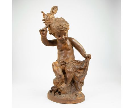 Terracotta Playing child with hand puppet, signedTerracotta Spelend kind met handpop, gesigneerdH 63 cm