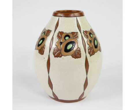 Charles CATTEAU (1860 -1966)Boch Kéramis ceramic enamel crackle vase with floral decor, D 767Boch Kéramis keramieken geëmaill