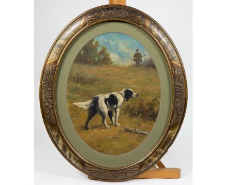 Henry SCHOUTEN (1857/64-1927)Oil on panel Hunting dog with hunter in the field, signed.Olie op paneel Jachthond met jager in 
