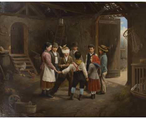 Franz SCHAMS (1823-1883)Oil on panel Children playing in the barn, drawn.Olie op paneel Spelende kinderen in de schuur, getek