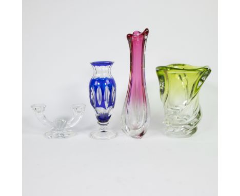 Val Saint Lambert lot candlestick, crystal vase and 2 vases 1970sVal Saint Lambert lot kandelaar, kristallen vaas en 2 vazen 