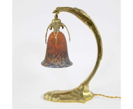 Art Nouveau table lamp signed R. Ranc with shade in glass paste Muller FrèresArt Nouveau tafellamp getekend R. Ranc met kapje