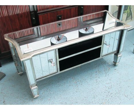 MIRRORED MEDIA CABINET, with centre shelf and cupboards to the side, 119cm x 46cm x 51cm H.