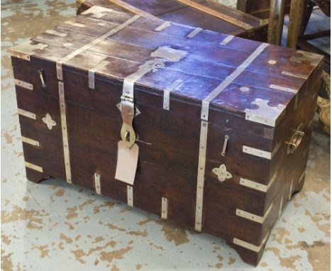 TRUNK, vintage teak brass bound and inset with rising lid carrying handles and fitted interior,  88cm H x 44cm D x 51cm H.