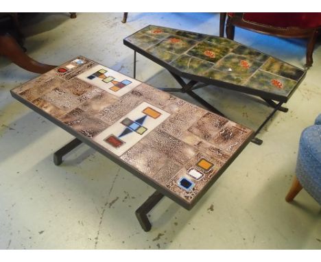 TILE TOP TABLES, two, 1970's French, signed, on cast metal supports, 103cm L x 42.5cm W x 37cm H. (2)