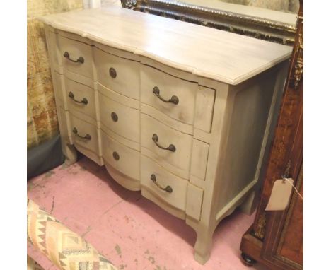 COMMODE, Louis XV taste grey painted with three shaped drawers, 85cm H x 110cm W x 48cm D.