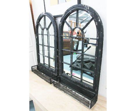 GARDEN MIRRORS, a pair, distressed metal with an arched top and a trellis planter section below, 51cm W x 87cm H. (2)