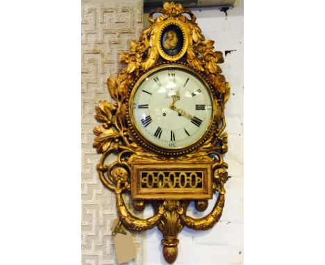 GUSTAVIAN CARTEL CLOCK, 19th century with decorative gilt wood case, the dial inscribed 'Jae Hock', bell striking movement, t