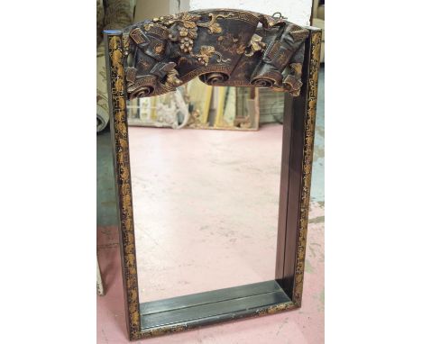 WALL MIRROR, 19th century Chinese black lacquer and gilt decorated with scroll work frieze and recessed mirror, 92cm H x 58cm