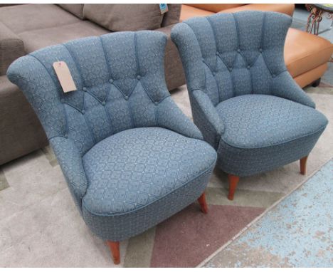 ARMCHAIRS, a pair, mid 20th century Swedish birch of compact proportions in blue patterned fabric, 62cm D x 77cm H x 73cm W. 