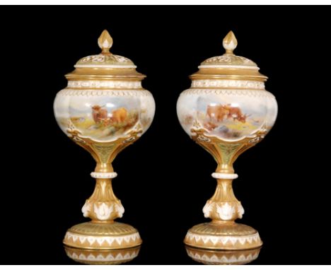 A pair of Royal Worcester pedestal vases each with pierced covers and panel decorated by Harry Stinton with hand painted scen