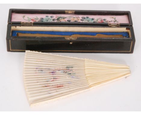 An early 20th Century Chinese carved ivory fan embroidered with a coloured dragon chasing a flaming pearl together with assoc
