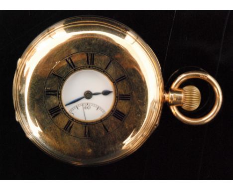 An 18ct crown wind half hunter pocket watch, white enamel dial with Romand numerals and subsidiary seconds dial, dial diamete