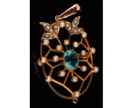 An Edwardian 9ct seed pearl and blue spinel openwork pendant brooch, central oval cut topaz collar set with seed pearl highli