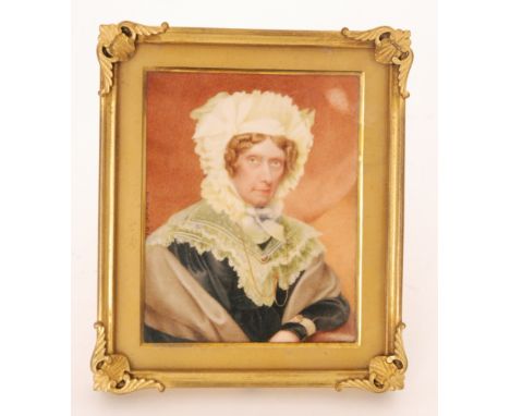 A 19th Century miniature portrait of Mrs Whately in gilt easel frame by Thomas Marshall, detailed and dated 1836 on verso, 13
