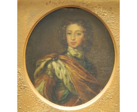 AFTER SIR GODFREY KNELLER - Portrait of the Duke of Gloucester, oil on tin, framed, 16cm x 13cm also two other oils by a diff