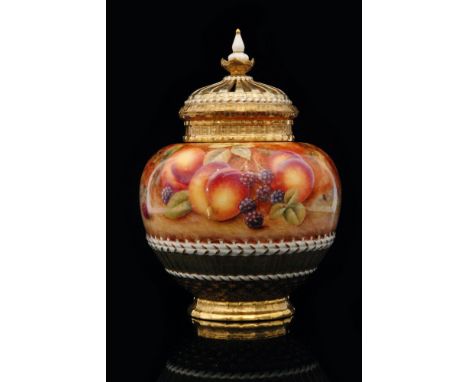 A large Royal Worcester Fallen Fruits pot pourri with crown cover decorated in the round by P. Stanley with hand painted cher