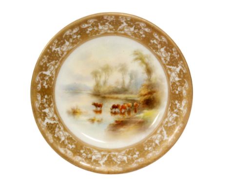 A Royal Worcester shallow bowl decorated by J. Stinton with a hand painted scene of five cattle drinking at a lake edge with 