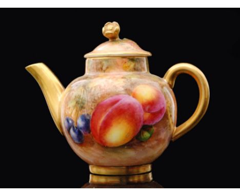 A Royal Worcester Fallen Fruit miniature teapot hand painted by Freeman with peaches and cherries against a mossy ground, sig