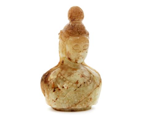 A 19th Century Chinese carved green hardstone bust or hand seal of Quan Yin with ornate robes and dressed hair, height 10cm. 