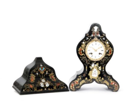 A 19th Century French brass, tortoiseshell and mother of pearl inlaid mantle clock by Laine a' Paris, together with a matchin