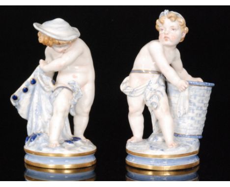 A pair of 19th Century Royal Worcester spill vases after designs by James Hadley modelled as putti fish sellers, one with a m