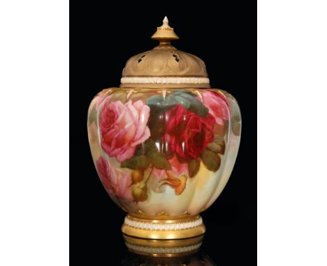 A large Royal Worcester shape 1312 vase and cover decorated by Sedgley with hand painted pink and crimson roses and foliage w