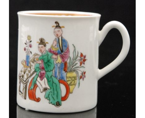 An 18th Century Worcester Chinese Family pattern coffee can decorated with polychrome enamel figures with a red border edge, 