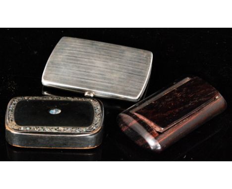 A hallmarked silver engine turned rectangular cigarette case Birmingham 1921, together with a papier mache and abelone inlaid