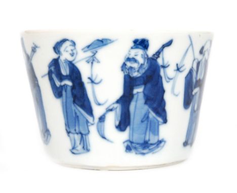 A 19th Century Chinese blue and white porcelain bowl or cup hand decorated with a procession of figures around the exterior, 