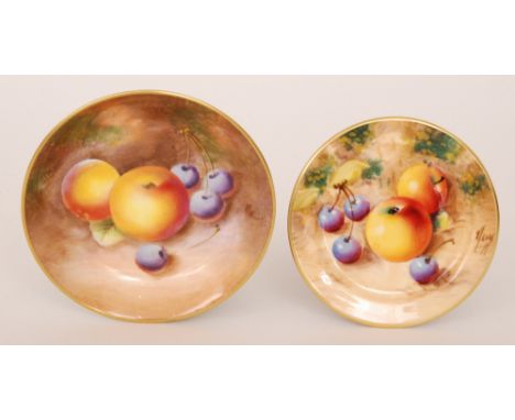A Royal Worcester Fallen Fruits pin dish coaster decorated by Rolands with hand painted apples and cherries, signed, black pr