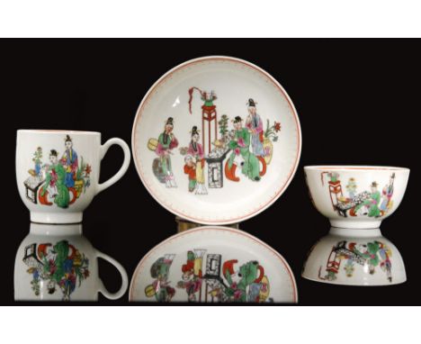 An 18th Century Worcester Chinese Family pattern trio comprising coffee cup, tea bowl and saucer decorated with polychrome en