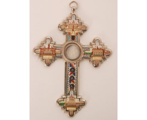 A 20th Century white metal cross, decorated with micro mosaic panels to the axis and with a central mother of pearl roundel, 