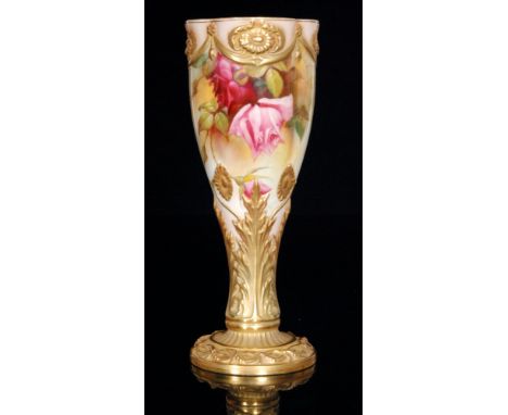 A Royal Worcester chalice vase decorated by F.J Bray with hand painted pink and claret roses within raised gilt foliate borde